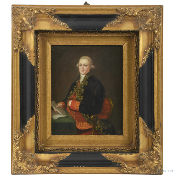 Ritratto di nobiluomo, XX secolo, olio su tavoletta, cm 25x20, firmato in basso a sinistra, entro cornice, (graffi della superficie)