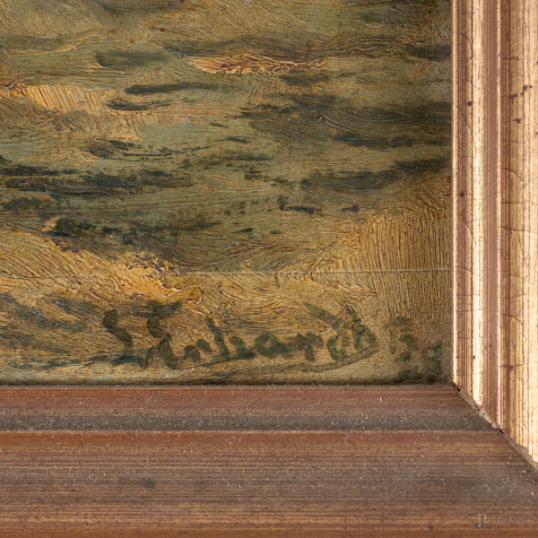 Mareggiata, XX secolo, olio su cartone, cm 41x57, firmato e datato in basso a destra, entro corni...