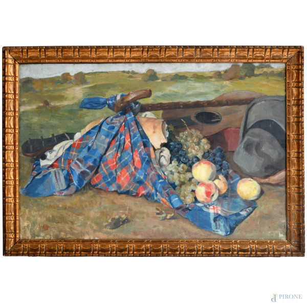 Natura morta su prato, XX secolo, olio su tela, cm 54x82, firmato in basso a sinistra, entro cornice (segni di piegatura della tela, piccoli sollevamenti di colore)