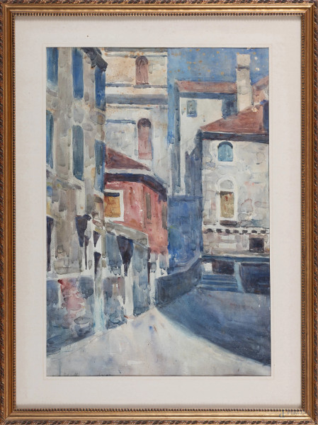 Scorcio di via, XX secolo, acquarello su carta, cm 65x47 compreso passepartout, entro cornice, (segni di usura, tracce di umidità, ondulazioni della carta)