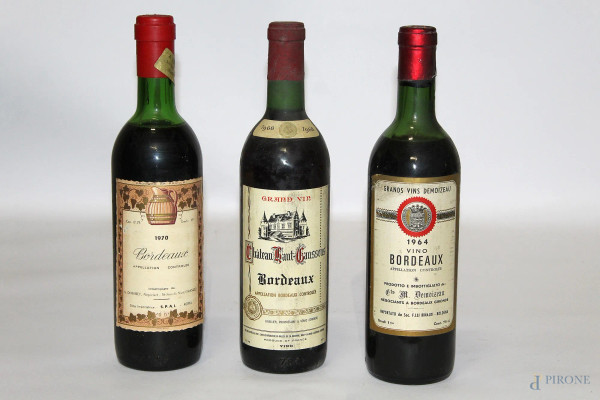 Lotto di tre vini francesi: Bordeaux 1970, Bordeaux M.Demoizeau 1964, Chateau Haut Gaussens 1968.