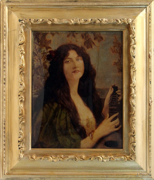 Stampa raffigurante donna con mandolino, cm 28x23, XIX sec., entro cornice.