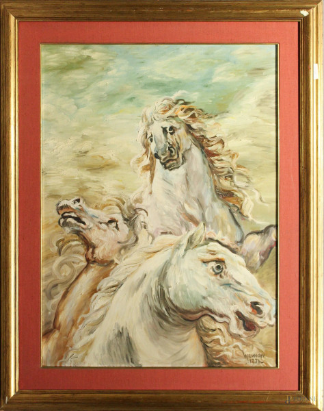 Cavalli, dipinto ad olio su tela, cm 80 x 60, entro cornice, firmato.