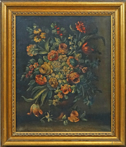 Vaso con fiori, olio su tela, cm 60x49, XX secolo, entro cornice.