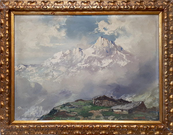 Artista di inizio del XX secolo, Rifugio alpino con vette innevate, olio su tela applicata su cartone, cm 50x70, firma poco leggibile, con cornice