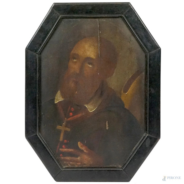 Santo cardinale, olio su tavola ad assetto ottagonale, XIX secolo, cm 37,5x26,5, entro cornice, (difetti)