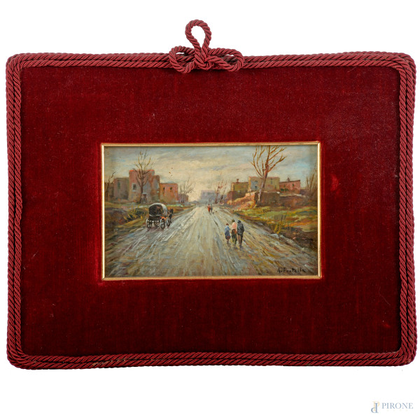 Strada con figure e carrozza, olio su tavoletta, cm 12,5x20 entro cornice, firmato in basso a destra A. Pratella, (difetti)