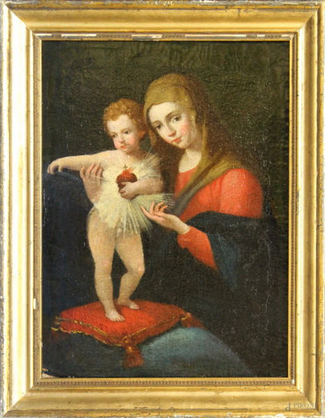 Madonna con bambinello, olio su tela, XVIII sec., cm 39 x 30, entro cornice.