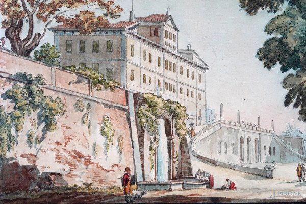 Angelo Uggeri (attr. a), Festa popolare e Villa del Belvedere, inchiostro e acquerello su carta, ...