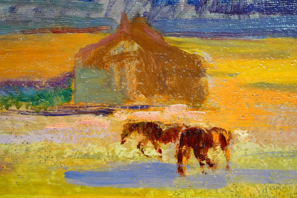 Campagna romana con armenti, olio su cartone telato, firmato, cm 45,5x115, entro cornice