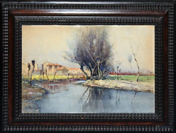 Paesaggio fluviale su sfondo case, acquarello su carta 34x50 cm, firmato Paletta 1935, entro cornice.