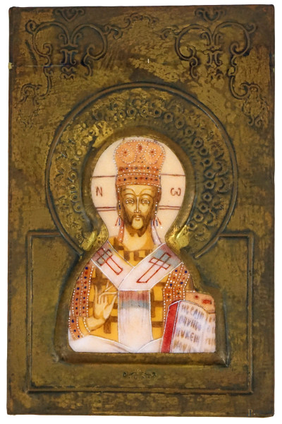 Icona raffigurante Cristo Re dei Re in porcellana policroma, cm 13x20, XX secolo, (lievi difetti).