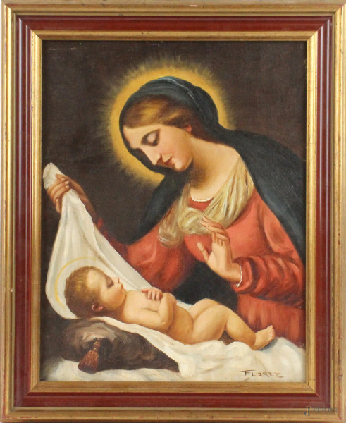 Madonna con Bambino, olio su tela, cm.38x30, da Carlo Dolci (1616-1686), a firma Florez, XX secolo, entro cornice.