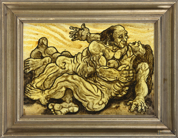 Bonini Mario, La violenza, olio su tela applicata su cartone, cm 29,5x39,5, firmato, titolato e datato 1977 dall'artista la retro, entro cornice