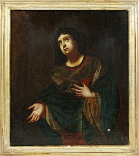 Copia da Carlo Dolci (1616-1686), Vergine orante, olio su tela, cm 35,5x30,5, XIX secolo, entro cornice