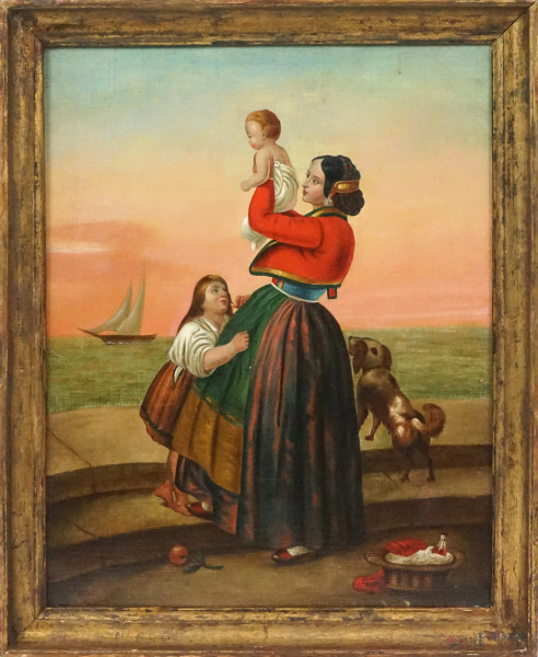 Scuola napoletana del XIX secolo, Addio al pescatore, olio su tela, cm 49x62, entro cornice