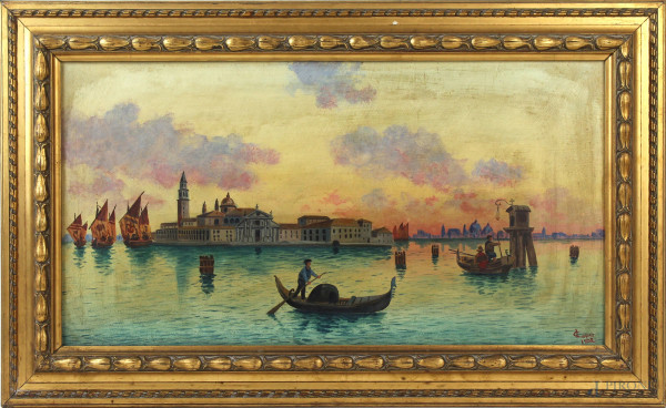Veduta di Venezia, olio su tavola, cm 30x55, firmato C. Lopez, entro cornice