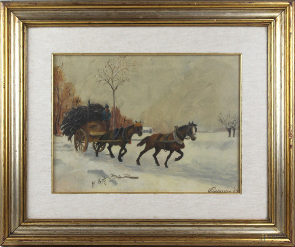 Paesaggio invernale con carro e cavalli, olio su tela, cm 30x40, firmato e datato, entro cornice.