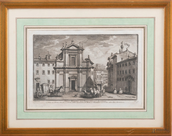 Giuseppe Vasi, Chiesa e Monastero delle Vergini, delle Suore agostiniane, acquaforte tiratura coeva, cm 37x49, compreso passepartout, entro cornice, (segni di usura, ondulazioni della carta)
