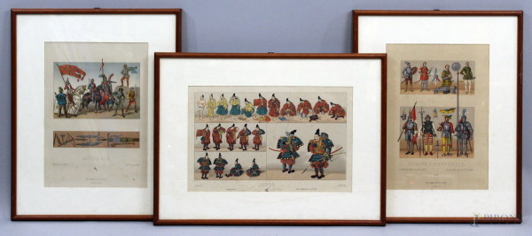 Lotto di tre stampe a colori raffiguranti armi ed armature del XV e XVI secolo, del Giappone e del Medioevo, cm 21x33, entro cornici.