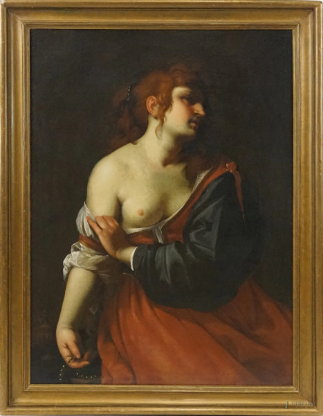 Alessandro Turchi detto l'Orbetto - Maddalena dal seno scoperto, olio su tela, cm 132x97, entro cornice.