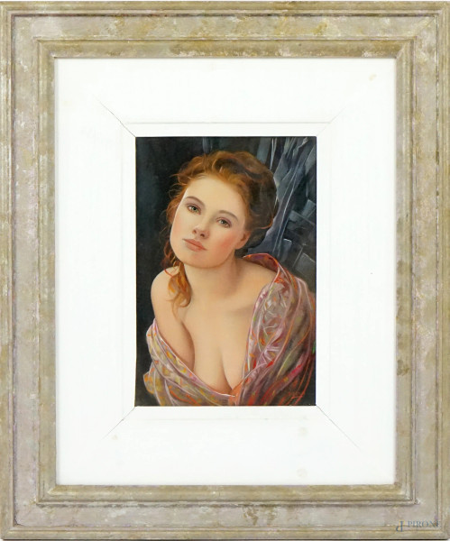 Pasquale Picazio - Ritratto di donna, olio su tavoletta, cm 30x20, entro cornice