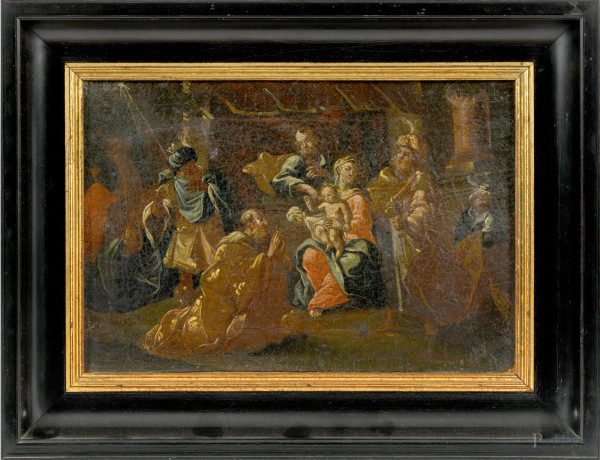 Adorazione dei Magi, olio su tela, XVIII secolo, cm 19,5x28,5 entro cornice, (difetti)
