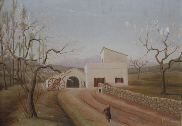 Paesaggio con case e figura, olio su legno 34x48 entro cornice.