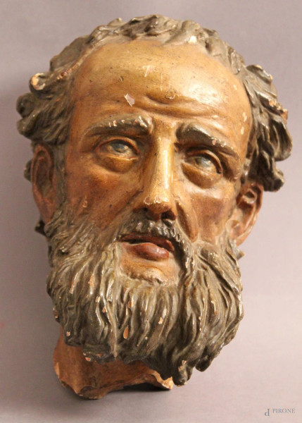 Testa di San Giuseppe, scultura in terracotta dipinta, XIX sec., H 22 cm.