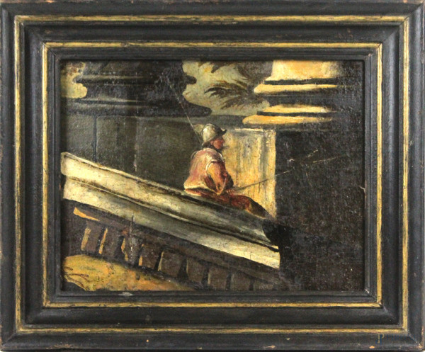 Architetture con con soldato, olio su tela, cm. 20,5x26,5, XVII secolo, entro cornice, (difetti sulla tela).