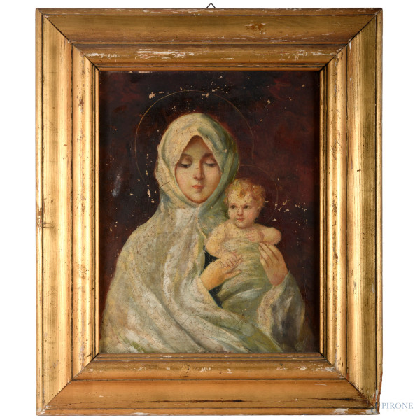 Madonna con Bambino, XX secolo, olio su tela, cm 50x40, entro cornice, (difetti)
