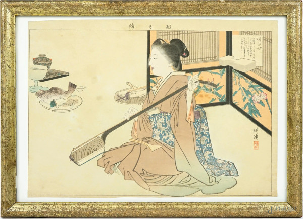 Tsukioka  Kogyo - Gheisha accorda uno Shamisen, xilografia a colori, cm 24x33,5 circa, Giappone, entro cornice.