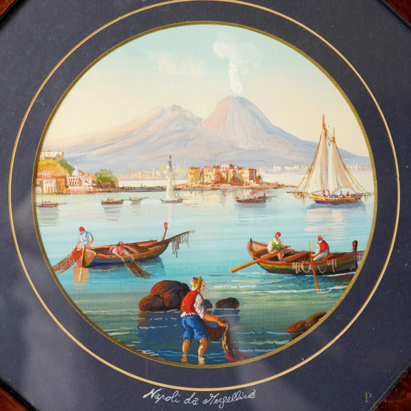 Lotto di 5 stampe e 1 gouache raffiguranti vedute di Napoli, dimensione massima cm 16x14,5 entro ...