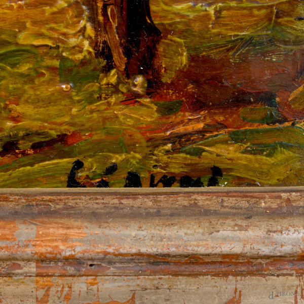 Esterno di casolare, XIX-XX secolo, olio su compensato, cm 25x32,5, firmato in basso a destra, en...