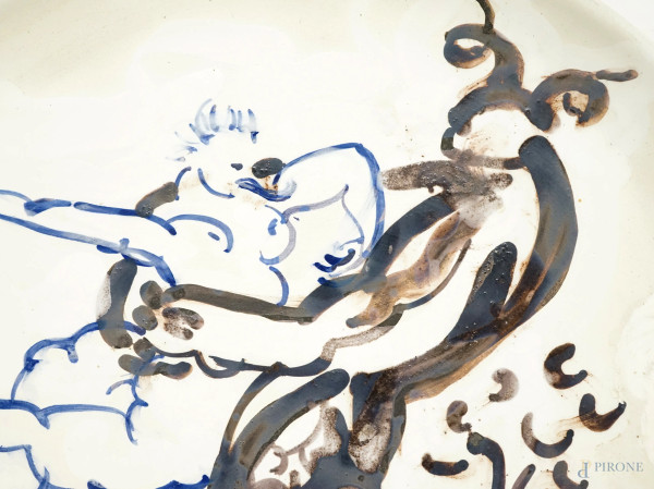 Grande piatto in ceramica artistica dipinta a mano con scena raffigurante il fauno e la ninfa, ma...