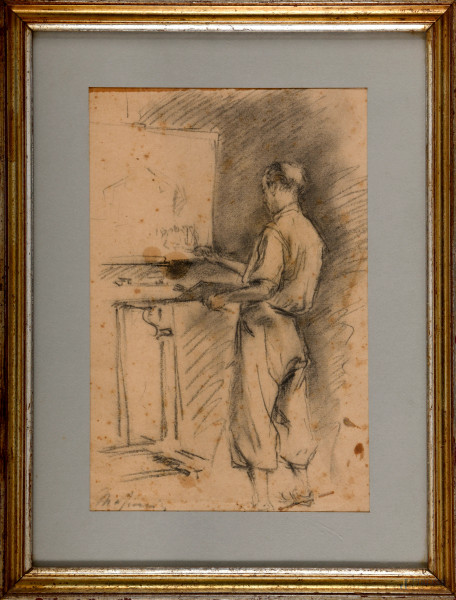 Pittore nel suo studio, XX secolo, carboncino su carta, cm 33,5x23,5 entro cornice, firmato in basso (difetti)