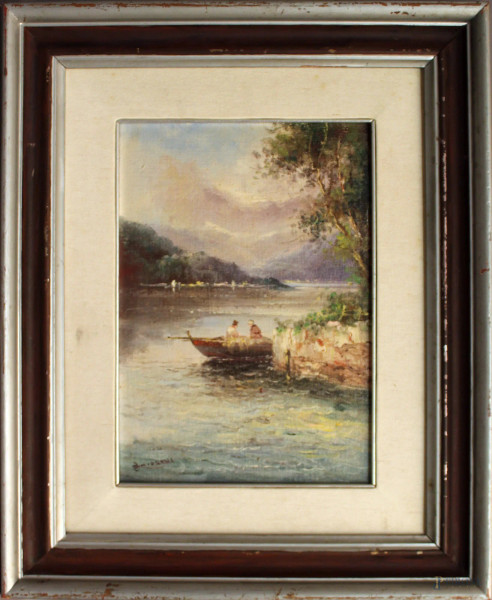 Athos Renzo Brioschi - Paesaggio lacustre con barca, dipinto ad olio su masonite, cm 35 x 24, entro cornice.