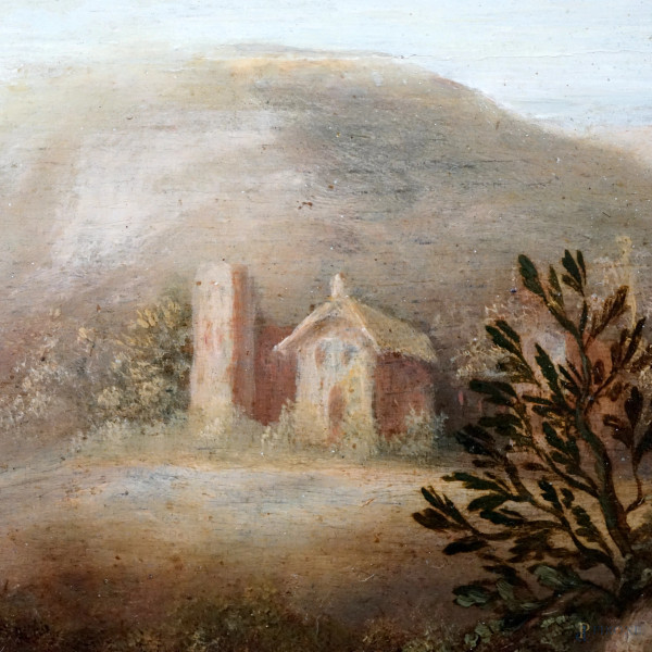 Seguace di Cornelis van Poelenburgh (Utrecht 1590 - 1667), Paesaggio con fauni e ninfe, olio su t...