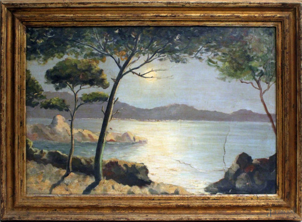 Golfo notturno, dipinti di scuola napoletana del XX sec, ad olio su tela, cm. 46x69, entro cornice, (difetti sulla tela)