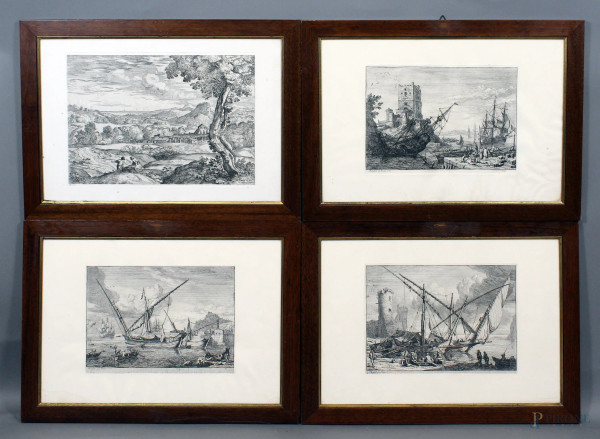 Lotto di quattro incisioni da Adrien Maglard (1695-1760) e da Annibale Carracci (1560-1609), cm.33,5x49, entro cornice.