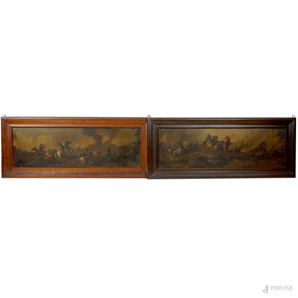 Coppia di battaglie, olio su compensato, fine XIX secolo, cm 38x119, entro cornice