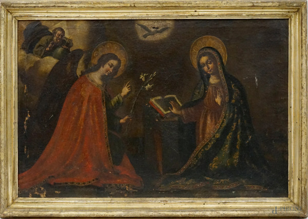 Pittore del XVII secolo, Annunciazione, olio su tela, cm 50,5x77, entro cornice, (difetti, cadute di colore)