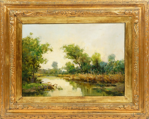 Anacleto Moiraghi (1880-1943), Paesaggio fluviale, olio su tela, cm 50x69.8, entro cornice