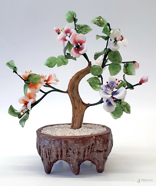 Bonsai vintage di arte cinese realizzato con mix di pietre burattate in varie tonalità di colore, altezza cm 35 circa