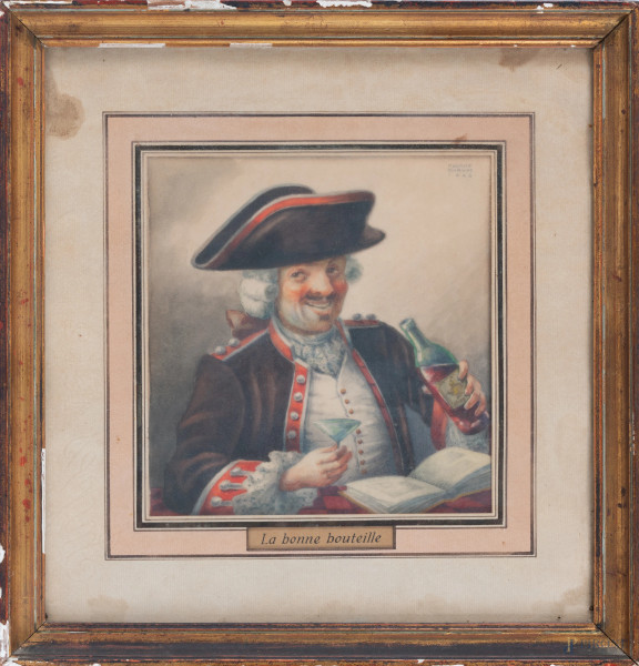 La bonne bouteille, XX secolo, stampa ritoccata, cm 30x29 compreso passepartout, entro cornice, (tracce di umidità, segni di usura)