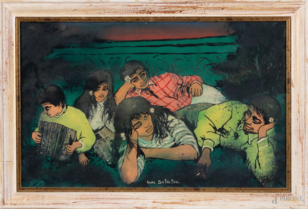 Anna Salvatore (1923-1978), Ragazzi, olio su tela, cm 50x80, entro cornice, (segni di usura)