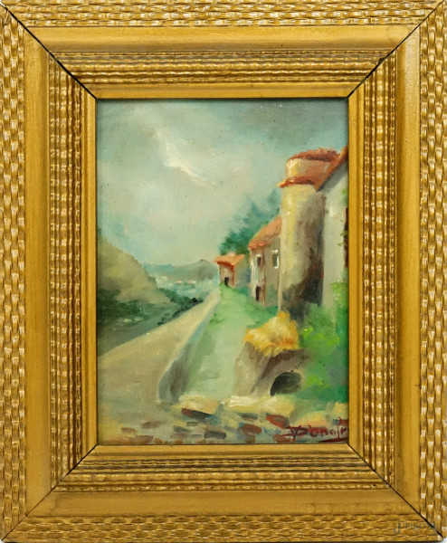 Scorcio di paese, olio su tavola, cm 22x16, firmato, entro cornice