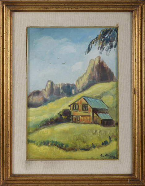 Baita delle dolomiti, olio su tela, firmato in basso a destra "G. Alberti", cm 48x32,5, entro passepartout e cornice