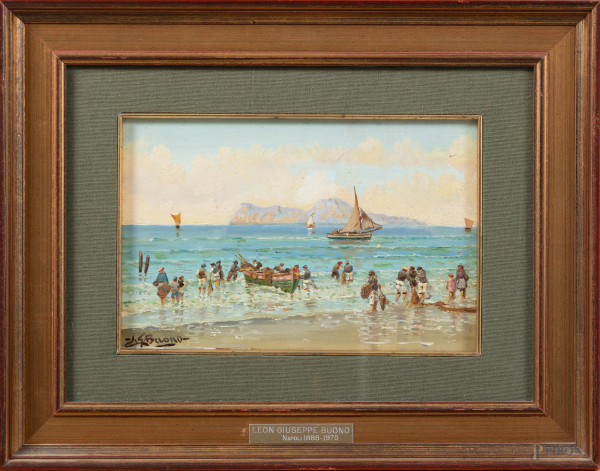 Leon Giuseppe Buono (1888-1976), Sulla riva, olio su tavoletta, cm 26x37, compreso passepartout, firmato in basso, entro cornice