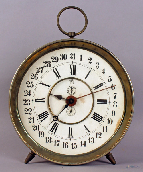 Orologio sveglia in metallo, altezza 31 cm, anni &#39;30, (da revisionare).
